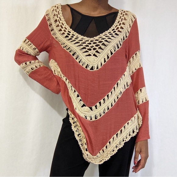 Umgee Tops - Umgee Women’s orange Tiered boho Crochet Macrame Popover Tunic size 1X NWT